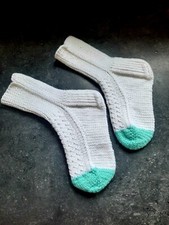 Handmade Knitted Socks White With Light Blue End Size 4-7