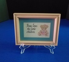 Matted Framed Pink Blue Teddy Bear JESUS LOVES THE LITTLE CHILDREN Couric-Tribou