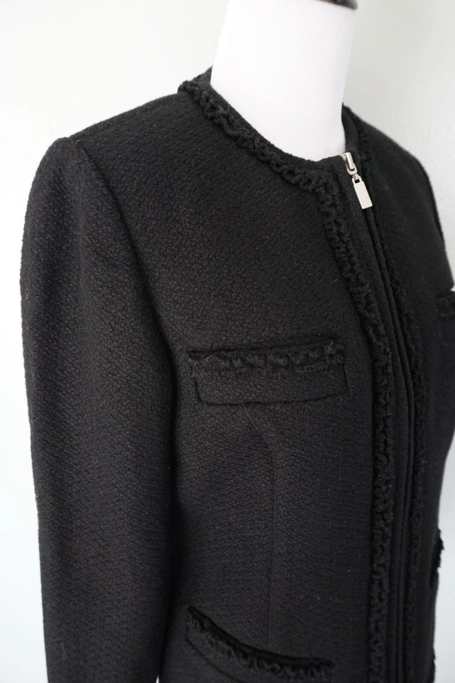Blazer Abrigo Chaqueta PAMELA DENNIS Negro Mezcla Lana Cremallera Frontal Flecos Carrera Talla 6 Foto 3 de 4