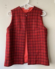 Vintage 1960s Red Orange  Gray Plaid Open Front Vest Mod Retro Hippie Large