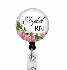 RN LVN CNA Nurse Personalized Badge Reel ID Holder With Pink Roses, 13T