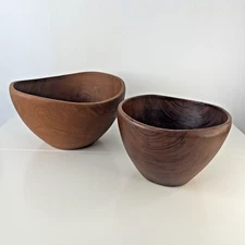 2 Teak Wood Wave Rim Bowls Hand Carved Sculptural MCM Thailand 12 & 9"