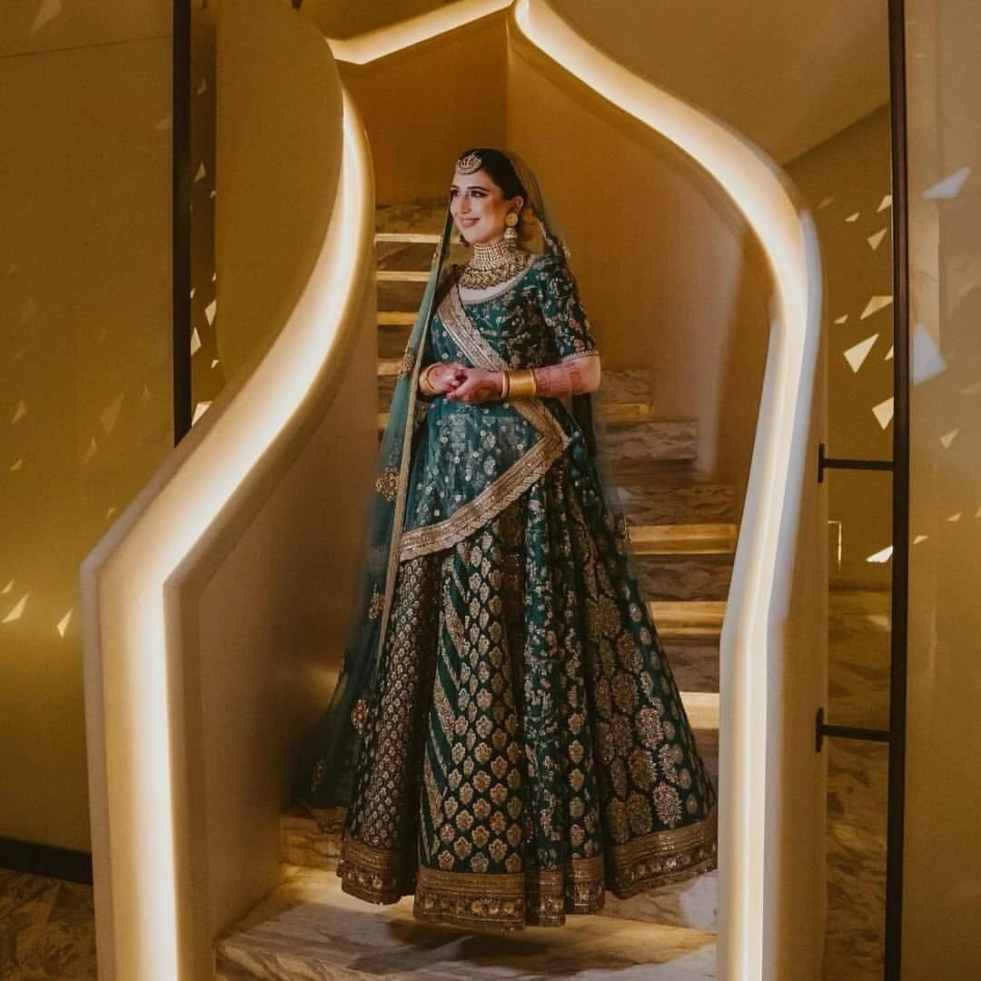 Green Nikah Lehenga Choli Wedding Wear Lehenga Chunri Silk Bridal