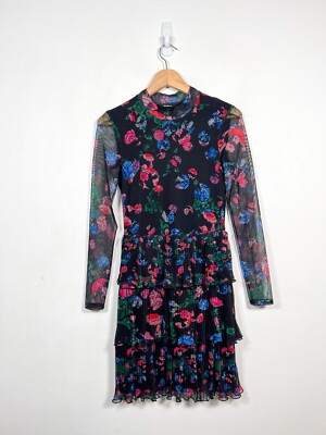 Desigual Lacroix Dress Size S Black Long Sleeve Pleated Mesh Arty Floral Party