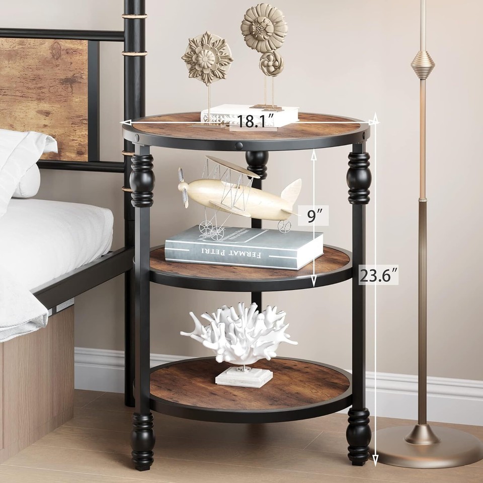 Rustic Brown Side Table 3-Tier Round End Table Nightstand Accent Coffee ...