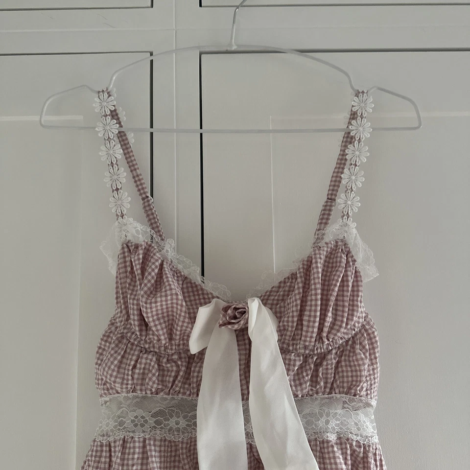 beautiful for love and lemons dress xs pink + white gingham daisy strap details - Image 2 of 4