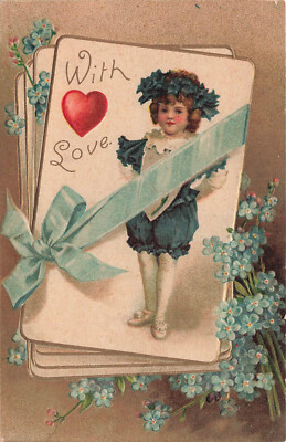 VINTAGE U/S CLAPSADDLE VALENTINE POSTCARD BOY IN BLUE FORGET-ME-NOTS 012524 T
