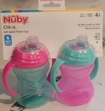 Nuby 2 Pack 2 Handle Clik-It Soft Spout Trainer Sippy Cup, Pink Green