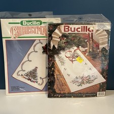 VTG Bucilla Cross Stitch Kit Lot Of 2 Table Runners Holiday Tree Doves Holly