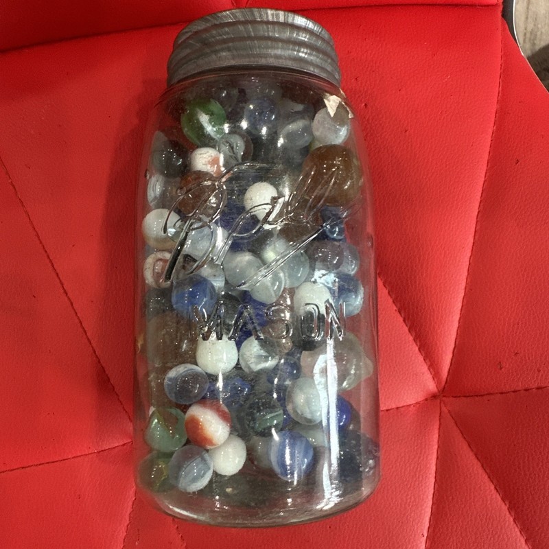 Vintage Blue Glass Ball Jar Full Of Marbles Over 3 Pounds