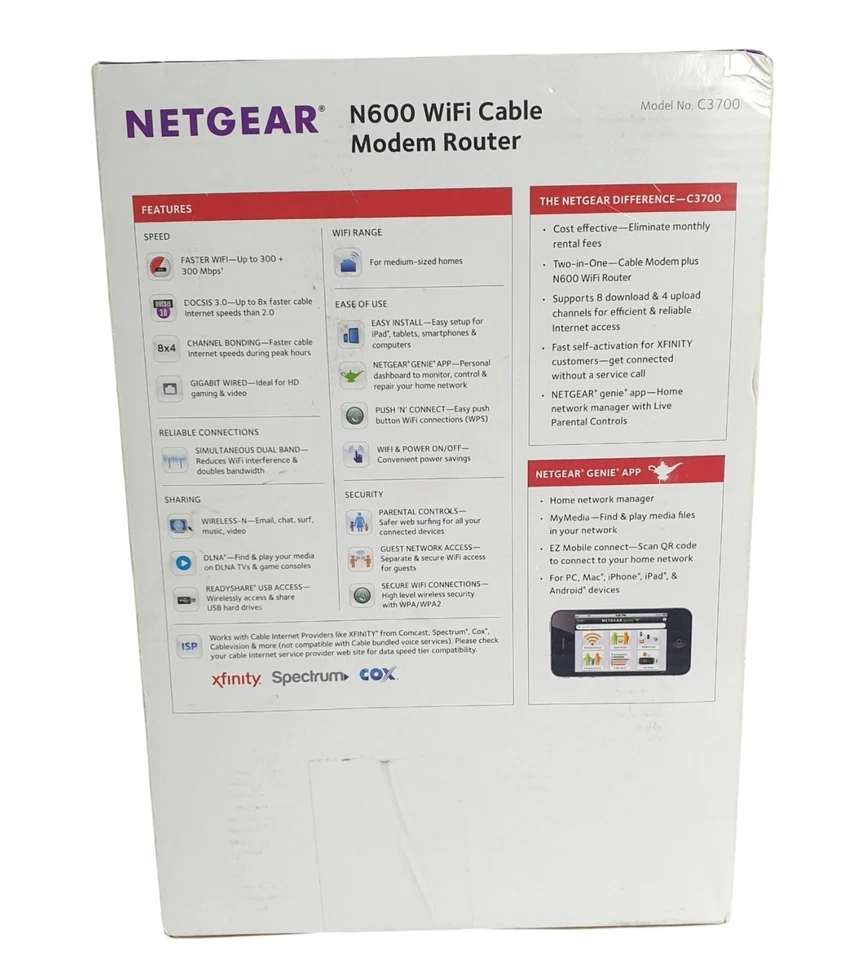 Netgear N600 WiFi Cable Modem Router C3700 Dual Band Gigabit DOCSIS 3.0 - Image 4 of 4