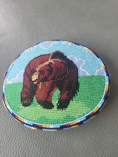 Large Native American Indian Hand Beaded Belt Buckle Leather Back