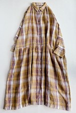 ICHI Antiquites Linen Shirt Dress Collared Gather Tartan Check Near Mint