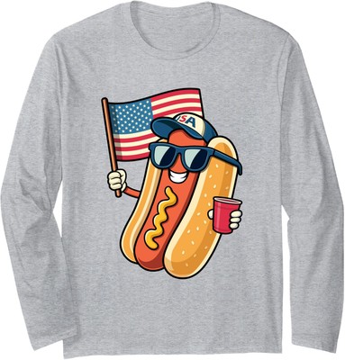 4Th Of July Hotdog Funny Patriotic Usa Flag Happy Long Sleeve Tshirt