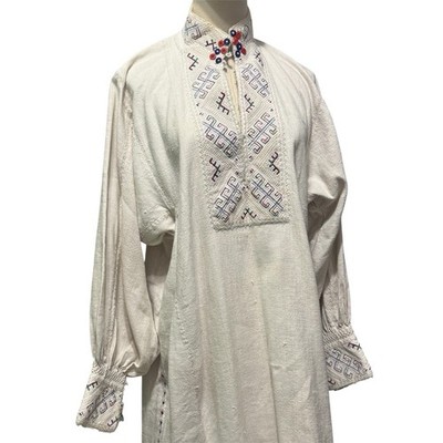 Vintage 1930s Romanian Hand Embroidered Linen Folk Dress Shirt Tunic Men s XL