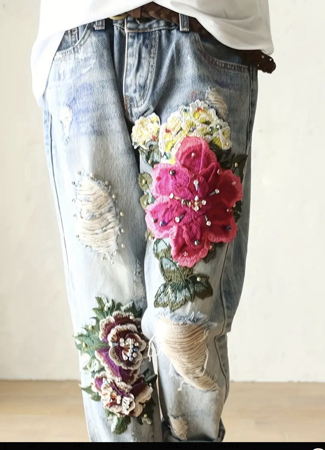 Y2K Mori Woman&rsquo;s Denim Trousers - Retro Pencil Jeans Floral Embroidery Pearl