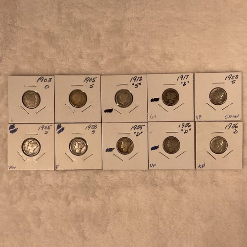 Lot of 10 Better Date Barber and Mercury %90 Silver Dimes