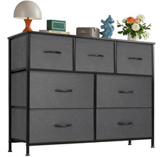 C moda 7 cajones gris, marco de acero, tapa de madera y cajones de tela.