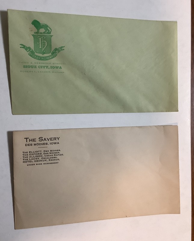 2 Vintage Iowa Envelopes The Savery Des Moines Hotel Howard Sioux City-FREE SHP