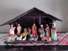 Vintage Custom Wooden Manger  XMAS Nativity Set 15 Hand Painted Figures Decor +