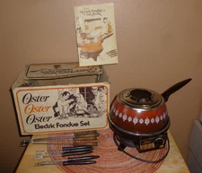 Vintage Oster 691 Flame Red Electric Fondue Set - 9 forks - box - recipe booklet