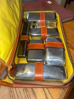 Vintage MCM Toiletry Kit Silver Tone Containers Travel Shave Bag Cowhide Zipper
