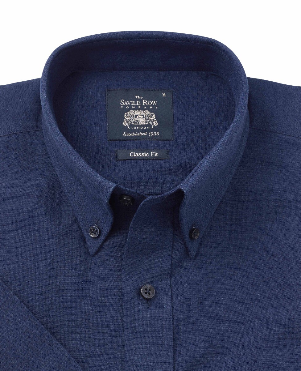 FILA Camicia a maniche corte da uomo Savile Row Company vestibilità classica blu navy misto lino misto cotone