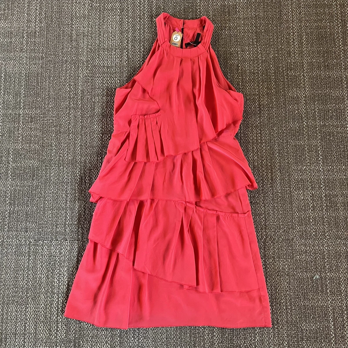 BCBGMaxazria Dress Womens 0 Pink Red Silk Ruffle Tier Halter