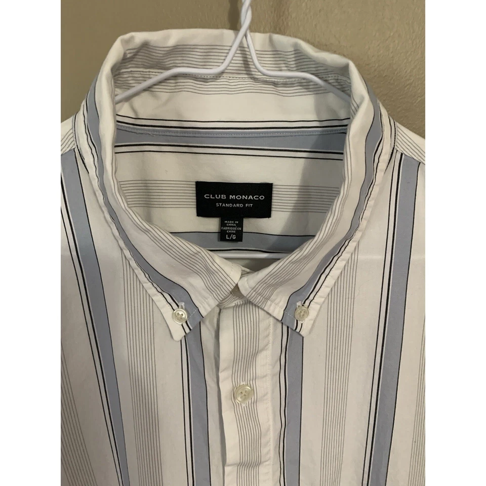 Club Monaco Button Down Long Sleeve Shirt Men's L White with Blue Stripes - Image 3 of 4