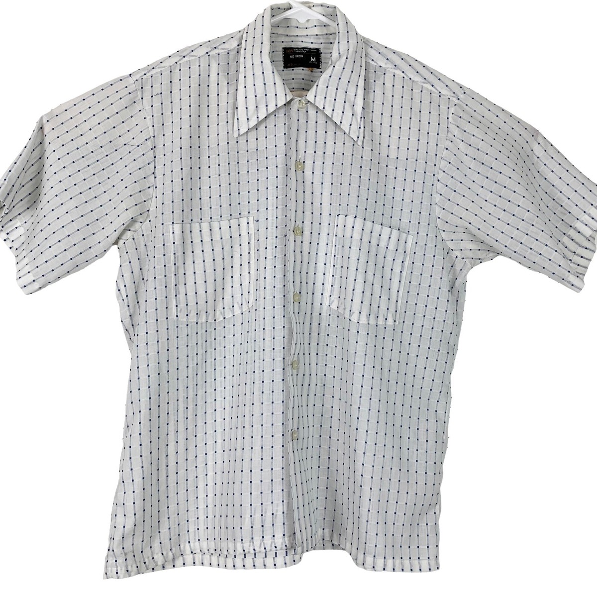 Vintage Shirt Size Medium White Blue Short Sleeve Button