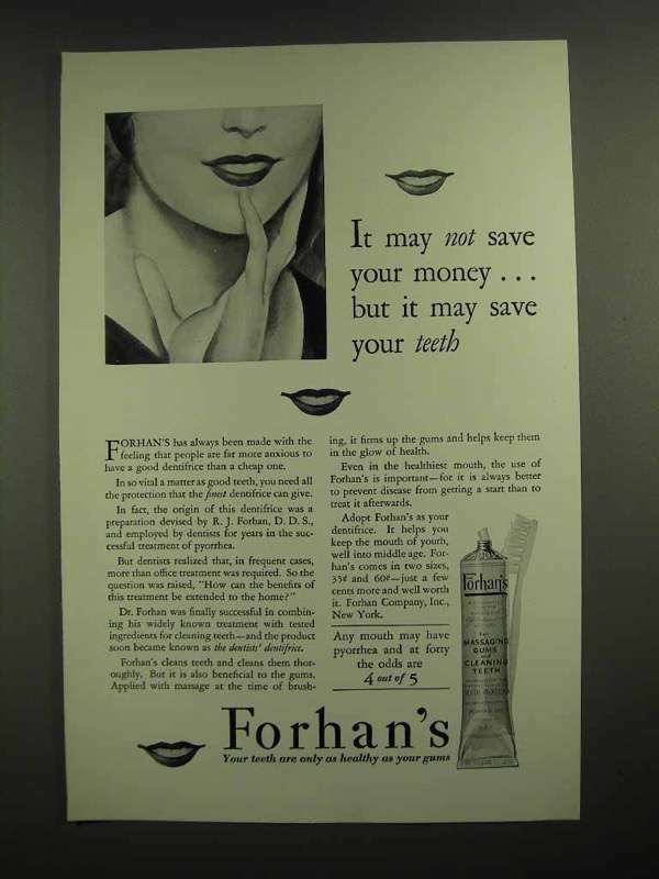 1930 Forhan's Toothpaste Ad - May Not Save Money | eBay