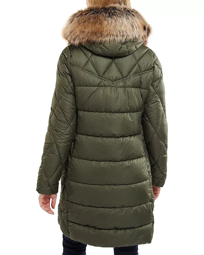 Barbour X2308 Womens Army Green Daffodil Faux Fur Trim Hooded Puffer Coat Size 6 - Image 4 of 4