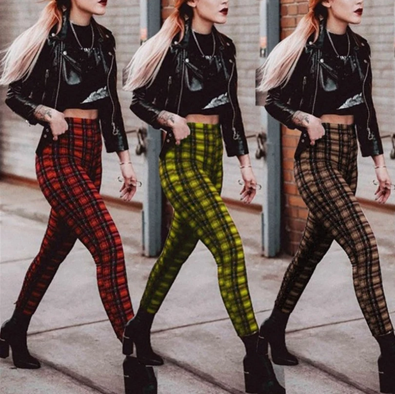 Women's Red Tartan Plaid Check Alternative Rockabilly Skinny Trousers Goth  Punk