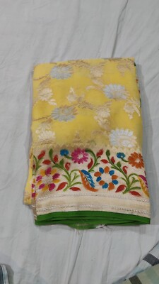 Beautiful  Khaddi Georgette Sona roopa zari with meena Kari saree Stiched Blouse