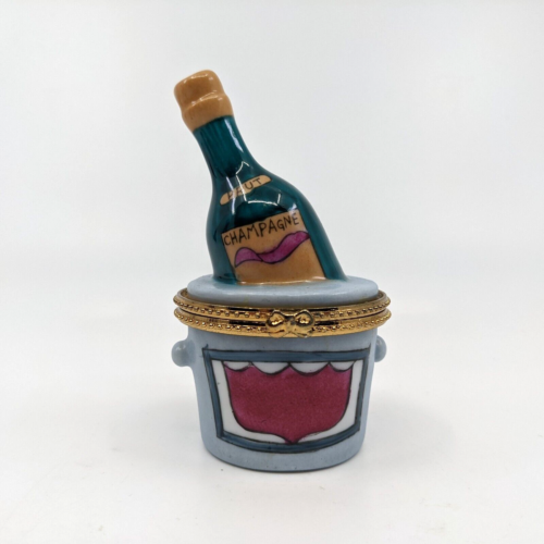Champagne Bottle in Bucket Hinged Trinket Box 3.5" Tall Hand Painted Ceramic - Afbeelding 1 van 6