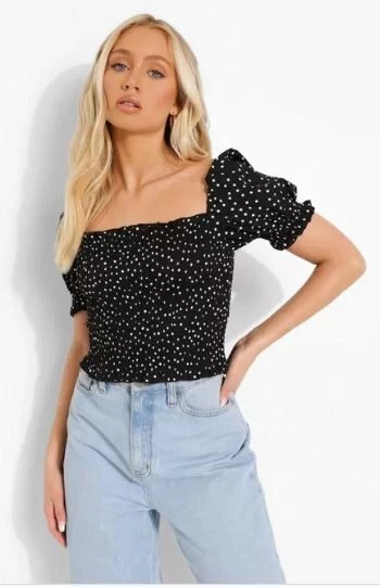 Versona Womens Crop Top Smocked Black White Polka Dot Ruffle Hem XXL New