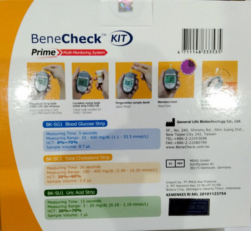 BeneCheck Prime GCU 3in1 Digital System Blood Test Cholesterol Glucosa Uric Acid