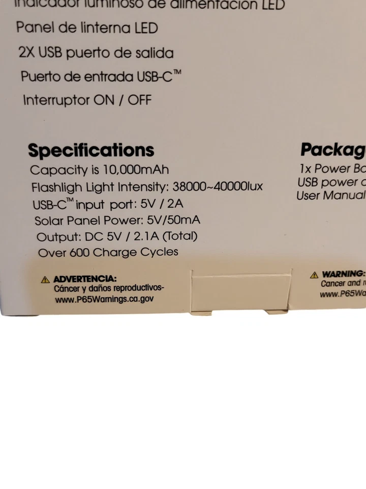 CHARGE WORX Solar Powered IPX4 Weather Drop Proof 10,000 mAh PORTABLE POWER BANK - Image 2 of 2