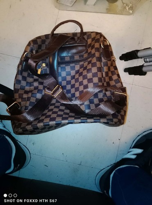 #ad Brown Checkered Backpack with Leather Accents Gold Zipper Lock Pockets $90.00