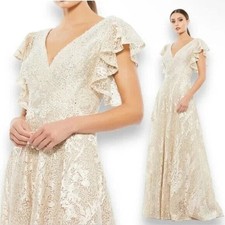 MAC DUGGAL 20310 Ivory Nude Embroidered Rhinestone Flutter Sleeve V-Neck Gown 16