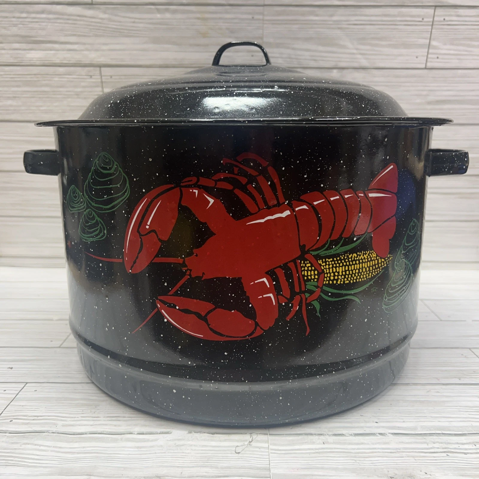 Vintage LOBSTER POT Black Graniteware Kettle Speckled Enamel Metal Stockpot 2 PC
