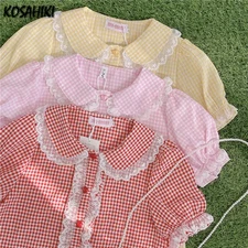 Lolita Plaid Blouse Lady Lace Ruffle Shirt Peter Pan Collar Short Sleeve Tops