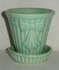 Vintage Shawnee Flower Pot ~ 3.5” Ribbed Aqua w/Bow ~ Attached Saucer