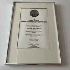 1976 Effie Award Advertising Pepsi-Cola Framed Vintage Certificate