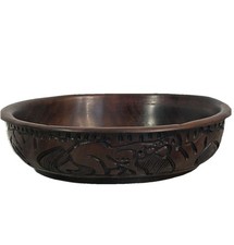 African Handcrafted Wooden Bowl Intricately Carved Safari Animals Exterior 7.25