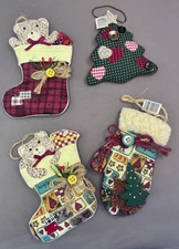 H‑E‑B Brand Set 4 Patchwork Christmas Ornaments Tree Cat Bear Stockings Mitten