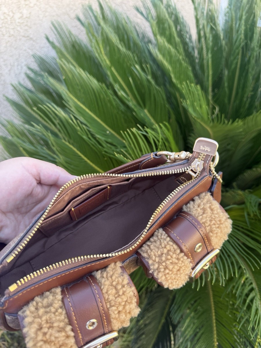 Coach Brown Shearling Buckle Shoulder Bag with Logo Pattern & Gold