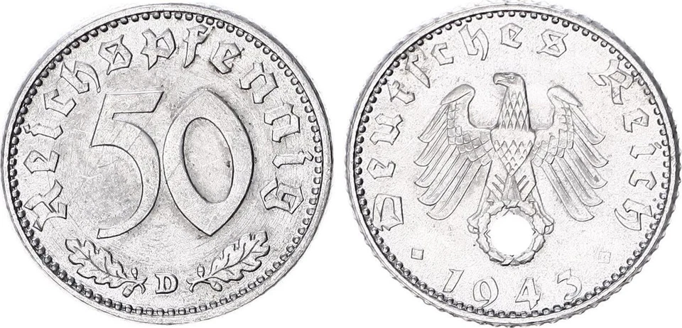 Drittes Reich 50 Pfennig 1943 D J.372 fast Stempelglanz 142857 - Bild 1 von 1