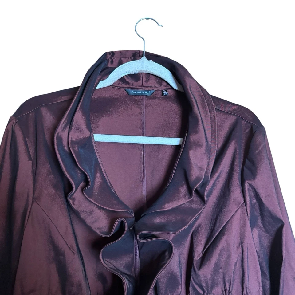 Blazer Samuel Dong Cremallera Mujer XL Marrón Tafetán Volantes Cuello Chaqueta Foto 2 de 4