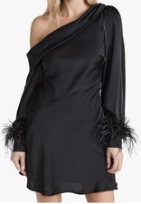 Satin mini dress, ASTR The Label Augusta, black with feather trim Size S